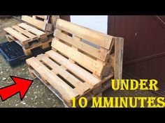 two wooden benches made out of pallets with the words under 10 minutes written on them