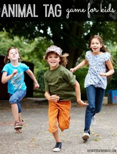 three young children running in the park