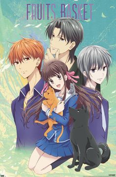 an anime poster with three people and a cat in front of the camera, one holding a dog