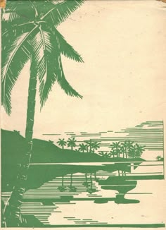 an old book with palm trees and boats in the water