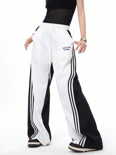 Women's Streetwear Athleisure Back To School Sportswear Casual Color-Blocked Banded Texture Decoration Lace Up Pant Black and White Casual   Polyester Colorblock,Letter,Striped Wide Leg Non-Stretch  Women Clothing, size features are:Bust: ,Length: ,Sleeve Length: Sportswear Moodboard, Sport Pants Women, Streetwear Futuristic, Streetwear Athleisure, Fashion Sportswear, Black And White Pants, Sports Pants Women, Concept Clothing, Sportswear Fashion