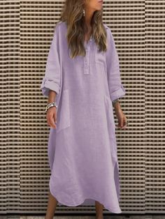 Buy Inexpensive Dresses at Zolucky online store, SPU: 29417DR8F7185, Color: Light Purple Pink Light Blue Khaki, Edition type:Loose, Decoration/Process:Buckle. Simple Long Dress, Stylish Maxi Dress, Shirt Collar Styles, Grey Maxi Dress, Vacation Wear, Long Sleeve Casual Dress, Irregular Hem, Khaki Dress, Pink Maxi Dress