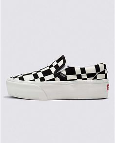 Woven Check Classic Slip-On Stackform Shoe Checkered Vans High Tops, Platform Checkered Vans Outfit, Chunky Tennis Shoes Outfit, Staple Shoes For Women, Checkered Vans Outfit Women, Vans Platform Sneakers Outfit, Shoes Aesthetic Nike, Fall Shoes 2024, Footwear For Women Wedding