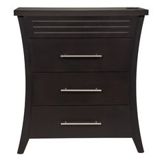 a black night stand with three drawers