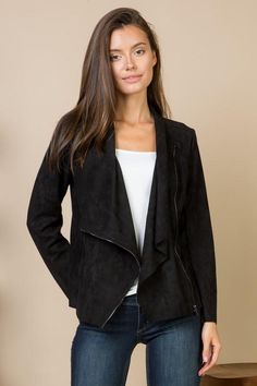 A perfectly effortless and wearable jacket with asymmetric drape and zipper closure. Lightweight enough for every day wear and comfort and stylish enough to dress up or down. Runs true to size and fits neatly. Chic Asymmetrical Fall Blazer, Asymmetrical Zip Outerwear For Work, Asymmetrical Zip Outerwear With Side Zipper For Work, Spring Asymmetrical Zip Outerwear For Night Out, Asymmetrical Zip Outerwear For Spring Night Out, Chic Biker Jacket With Asymmetrical Zip And Side Zipper, Chic Biker Jacket With Asymmetrical Zip, Chic Outerwear With Asymmetrical Hem For Spring, Chic Spring Outerwear With Asymmetrical Hem