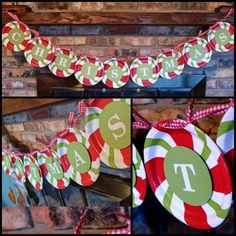 a collage of christmas paper plates with the letter t hanging from it's side