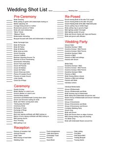 the wedding shot list is shown in red