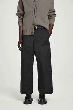 WIDE-LEG COTTON UTILITY PANTS - BLACK - Trousers - COS High-waisted Cotton Cargo Work Pants, Wide-leg Cargo Pants For Work With Welt Pockets, Relaxed Fit Wide Leg Work Pants With Welt Pockets, Tapered Leg Chino Cotton Twill Cargo Pants, Wide-leg Cargo Pants With Belt Loops For Workwear, Cotton Utility Work Pants For Fall, Fall Utility Work Pants In Cotton, Fall Utility Cotton Work Pants, Utility Cotton High-waisted Parachute Pants