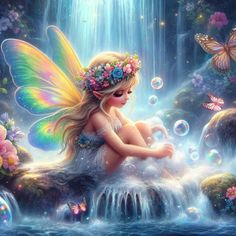 a fairy sitting on top of a waterfall next to a butterfly and flowers in her hair