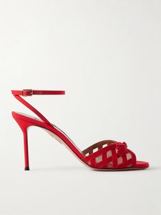 From the vibrant red to the dainty bows, Aquazzura's sandals are steeped with 'Romance'. They've been made in Italy from grosgrain and have a woven, cage-like design lined with sheer mesh. Adjust the slim ankle straps to your ideal fit. Latest Sandal, Aquazzura Shoes, Mid Heel Shoes, Flat Dress Shoes, Raffia Bag, Slingback Heel, Brown Sandals, Slingback Sandal, Ankle Straps