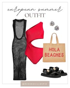 Elevate your beach day look with a stylish maxi cover up and cute tote bag! This look is perfect for your European summer! What to wear to Europe in the summer. Beach vacation outfit ideas for women. What to wear to the beach or pool in the summer. Cute swimwear option. red / swimwear / beach day Hola Beaches