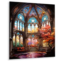 a painting of a beautiful room with stained glass windows and colorful trees in the background