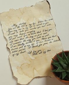 a piece of paper with writing on it next to a potted succulent