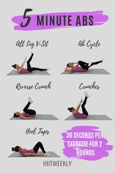 the 5 minute abs workout for beginners is shown in this graphic style, and includes exercises