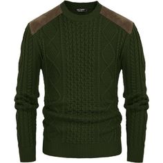 98%Acrylic, 2%Polyester, Soft Elastic Fabric And Thick Material, Warmth, Durability. Imported Pull On Closure Machine Wash Or Hand Wash Design - Men's Military Pullover Sweater With Crew Neck, Long Sleeve, Cable Knit, Ribbed Hem, Chunky Warm, Twist Knit, Regular Fit, Shoulders Suede Patchwork Design. Classic And Vintage Sweater Embodies High-Quality Texture. High Quality Sweater - This Vintage Warm Pullover Sweater Made From High-Quality Knit Fabric, Well Elastic, Soft Hand Touch, Comfortable An Knitted Cotton Crew Neck Outerwear, Brown Cotton Cable Knit Sweater, Brown Cable Knit Cotton Sweater, Cotton Cable Knit Sweater For Layering, Fitted Green Sweater With Ribbed Cuffs, Fitted Acrylic Sweater For Cold Weather, Cold Weather Crew Neck Sweater With Ribbed Cuffs, Acrylic Crew Neck Sweater For Layering, Knitted Cotton Polo Sweater For Fall