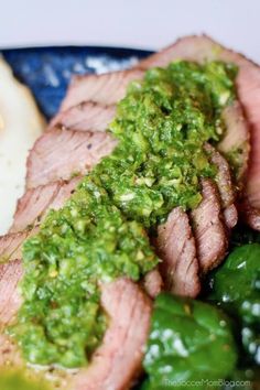 Fresh chimichurri marinade on slice steak Chimichurri Marinade, Sliced Steak, Chimichurri Sauce, Grilling Tips, Homemade Sauce, Grilled Meat, Outdoor Cooking, Fresh Herbs, Easy Recipe