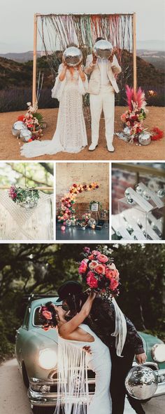 a couple getting married in front of an old car with flowers on the hood and back