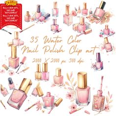 Nail Polish Invitation, Cups Usining Nail Polish, Nail Polish Clipart, Beauty Clipart, Makeup Clipart, Watercolor Clip Art, Nail Polish Stickers, Nail Polish Bottles, Nail Technician