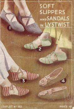 an advertisement for ladies's slippers and sandals in lyst twist knitting pattern