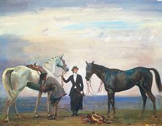 three horses standing next to each other in a field with a man holding the reins