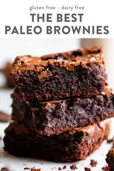 the best paleo brownies are stacked on top of each other with chocolate chips