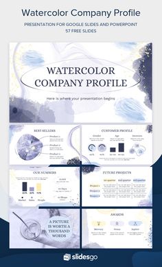 the watercolor company profile page is shown in blue and white colors, with an image of