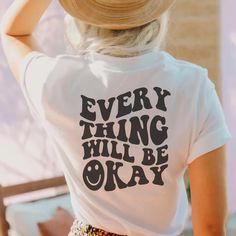 Everything Will Be Okay T-Shirt Positive message design with cute groovy 60s 70s font. Spread kindness, show love, respect, and support mental health to all. Perfect to give to who want to spread good messages of positivity and inspire everybody. ------------------------------------------------------------------------- 👉🏻UNISEX T-SHIRT: We have available Bella Canvas Shirts & Gildan Super-soft Shirts This Unisex T-Shirt is a super comfy soft-style shirt range gives a lovely soft feel to touch Bpd Shirts, Positive Message T Shirts, Positive Message Shirts, Shirts For Mental Health, Mental Health Sweatshirts Png, Awareness Tshirts, Positive Shirt, Spread Kindness, Health Awareness