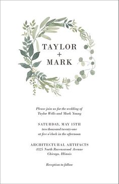 a wedding card with greenery on it