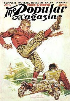 the popular magazine cover shows a football player kicking another player in mid air with his foot