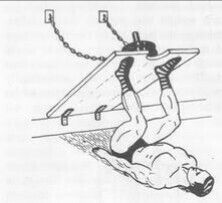 an advertisement for the tomb of hercules's leg press device, with a man falling off it