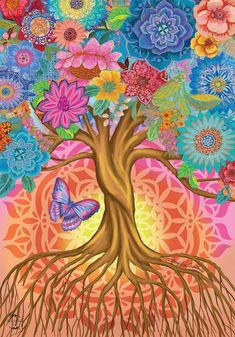 a painting of a tree with flowers and a butterfly on it's trunk, in front of a colorful background