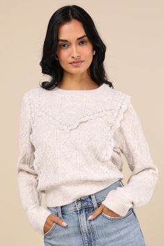 Your winter looks are sure to be the cutest yet when you've got the Lulus Sweetest Warmth Heather Taupe Cable Knit Lace Trim Sweater! Soft and stretchy knit, with subtle heathered design and a cable-knit texture, shapes long sleeves and a crew neckline. Bodice boasts vintage-inspired crochet lace across the front, with ribbed knit at the neckline, cuffs, and hem. Fit: This garment fits true to size. Length: Size medium measures 20.5" from shoulder to hem. Bust: Great for any cup size. Waist: Not Fitted - comfortable room throughout midsection. Undergarments: May be worn with any standard bra. Fabric: Fabric is very stretchy. Unlined. 70% Acrylic, 27% Nylon, 3% Spandex. Exclusive Of Decoration. Hand Wash Cold. Do Not Bleach. Hang Dry. Iron Low Heat. Imported. Lulus | Sweetest Warmth Heather Knit Lace Sweater, Lace Trim Sweater, Knit Lace, Knit Texture, Lace Sweater, Cup Size, Lace Knitting, Winter Looks, Crochet Lace