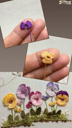 two pictures show the process of stitching flowers with needle and thread, including an image of a hand holding a flower