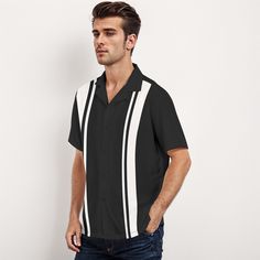 • 60s Shirt Style Men: Embrace the iconic 60s fashion with this stylish shirt, perfect for adding a retro touch to your wardrobe.• Black Retro Shirt Men: This shirt features a classic design with white stripes, capturing the essence of vintage retro style.• Black Vintage Bowling Shirt: With a nostalgic bowling shirt cut, this top combines comfort and style for a fun, casual look.• Black and White Color Block Shirt Men: The bold color block pattern adds a modern twist to the vintage style, making Vintage Bowling Shirts, 1940s Fashion Dresses, Vintage Inspired Shoes, 1950s Fashion Dresses, Color Block Shirts, Vintage Style Hat, Womens Sleeveless Tops, Mens Short Sleeve Shirt, Retro Hairstyles