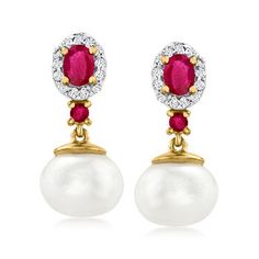 Ross-Simons - 7.5-8mm Cultured Pearl Drop Earrings, .50ct t. w. Rubies, .10ct t. w. White Topaz Over. An RS exclusive. Our ruby and pearl drop earrings will elevate any outfit! Gleaming with 7.5-8mm cultured freshwater button pearls and featuring .50 ct. t. w. round and oval ruby tops haloed by .10 ct. t. w. white topaz in white rhodium. Set in polished 18kt yellow gold over sterling silver. Hanging length is 5/8". Post/clutch, white topaz, ruby and white pearl drop earrings. Pearl birthstones a White Diamond Gemstone Earrings For Formal Occasions, White Diamond Earrings For Formal Occasions, Formal White Diamond Gemstone Earrings, White Diamond Gemstone Earrings For Anniversary, Anniversary White Diamond Gemstone Earrings, Classic White Gemstone Earrings, White Pearl Earrings With Gemstone, White Gold Pearl Earrings With Gemstone For Anniversary, Anniversary Pearl Earrings With Gemstone