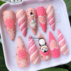 Snowbunny Nails, Pink Christmas Nails Stiletto, Plain Press On Nails, Rounded Christmas Nails, Cutesy Christmas Nails, Pink And Green Holiday Nails, Pink Christmas Nail Designs Acrylic, Christmas Cake Nails, Extreme Christmas Nails