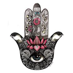 a hamsa with flowers on it and two hands painted in black, white and pink