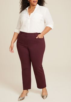 Plus Size Bengaline High Rise Slim Straight Pant - Materials & Care:imported - 77% rayon 20% nylon 3% spandex - machine wash Burgundy Slacks Plus Size, Elegant Burgundy Straight Pants, Solid High Stretch Pants With 5-inch Inseam, Plus Size Brown Pants, Plus Size Office Wear, Maurice’s Plus Size Outfits, Wide Leg Jeans Cropped, Slim Straight Pants, Burgundy Pants