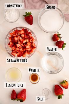 ingredients to make strawberry shortcakes laid out on a table