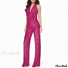 Olivia Mark - Sleeveless Halter Neck Sparkling Jumpsuit Glamorous Pink V-neck Jumpsuits And Rompers, Glamorous Pink Jumpsuits And Rompers For Party Season, Glamorous Pink Jumpsuits For Party Season, Pink Stretch Jumpsuits And Rompers For Evening, Glamorous Pink Jumpsuits And Rompers, Sleeveless Pink Party Jumpsuits And Rompers, Glamorous Pink Sleeveless Jumpsuits And Rompers, Glamorous Pink Jumpsuits And Rompers For Summer, Glamorous Pink Summer Jumpsuit