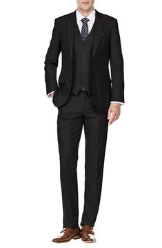 Bring understated elegance to the table in this three-piece suit crafted from rich fabric in a classic single-breasted silhouette. Jacket has notched lapels; chest welt pocket; front flap pockets Vest has front button closure; V-neck Pants have zip fly with button closure; front slant pockets; back button-welt pockets Jacket and vest are lined; trousers are lined to the knee 65% polyester, 35% viscose Dry clean Imported Each suit has a 6” drop, meaning that a size 38R jacket is paired with size Fitted Single Breasted Three-piece Suit With Notch Lapel, Professional Single Breasted Suiting Fabric Sets, Professional Single-breasted Suiting Fabric Set, Slim Fit Single Button Suiting Sets, Notch Lapel Slim Fit Single Button Set, Slim Fit Single Breasted Set With Notch Lapel, Semi-formal Slim Fit Single Breasted Three-piece Suit, Slim Fit Three-piece Suit For Business Casual, Slim Fit Three-piece Suit With Single Button