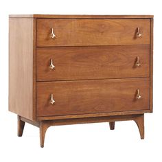 a wooden dresser with three drawers and two handles