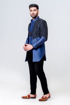 Electric blue full sleeve open jacket, highlighted with contrast beads embroidery and attached nehru jacket. Paired with an inner kurta and trouser.
Components: 3
Pattern: Embroidery
Type Of Work: Beads
Neckline: Stand Collar
Sleeve Type: Full Sleeves
Fabric: Raw Silk
Color: Blue
Other Details: 
Bead embroidered nehru jacket
Occasion: Sangeet,Cocktail and Reception - Aza Fashions Raw Silk Embroidery, Layer Jacket, Embroidery Beads, Kurta Set For Men, Beads Embroidery, Nehru Jacket, Open Jacket, Nehru Jackets, Beaded Neckline