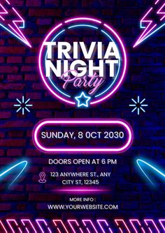 the flyer for trivia night party with neon lights and an image of a brick wall