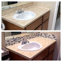 before and after photos of a bathroom vanity with granite countertop, tile backsplash, and wood cabinets