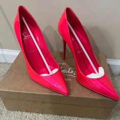 Christian Louboutin's Signature Kate Pumps - Created In Homage To Kate Moss - Are Crafted From Bright-Pink Patent Leather With A Towering Stiletto Heel. Colour: Pink Composition: Calf Leather. Place Of Origin: Italy Point Toe Stiletto Heel Leather Sole Original Size On Shoe Is 39 Runs A Size Small ( Personally It Fits A Size 8) Comes With Box And Dust Bag Classic Pink Snug Fit Heels, Classic Fitted Pink Heels, Classic Pink Heels For Party, Pink Heels With Red Sole, Nude Strappy Heels, Leopard Pumps, Low Heel Sandals, Block Heel Shoes, Chunky Block Heels