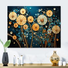 an abstract painting with flowers and bubbles in blue, yellow and orange colors on a wall