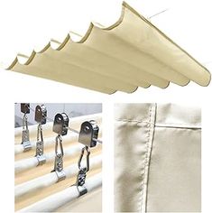 a white awning with metal clips attached to it's side and two pictures of the