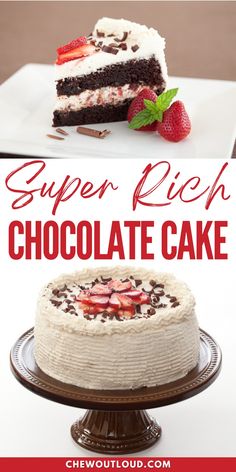 a cake with white frosting and strawberries on top is shown in this advertisement