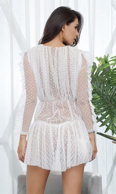 Sweet Vixen White Sheer Mesh Swiss Dot Lace Long Sleeve Plunge V Neck Ruffle Casual Mini Dress Deep V Neck Dress, Mesh Mini Dress, Pleated Bodice, Mini Dress Casual, Swiss Dot, Neck Ruffle, Shein Style, Mesh Dress, Long Sleeve Lace